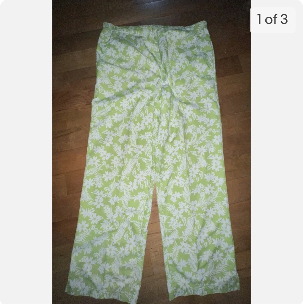 Coolibar Floral Coolmax Pants UPF 50+ Women's size Large Green + White Floral